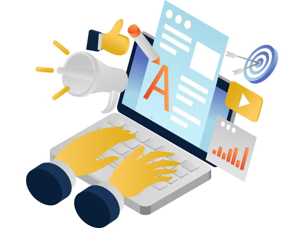 Content marketing illustration showing content creation, audience engagement