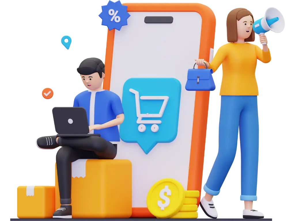 E-Commerce SEO 1 E-Commerce SEO illustration showing online shopping, product promotion, and store optimization